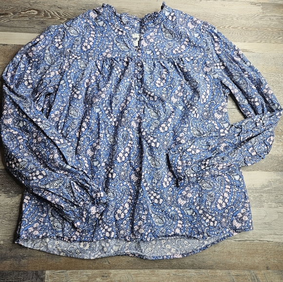 J. Crew X Liberty Fabrics Women's XS Button Front Rufflw Neck Popover Blue - Picture 2 of 11